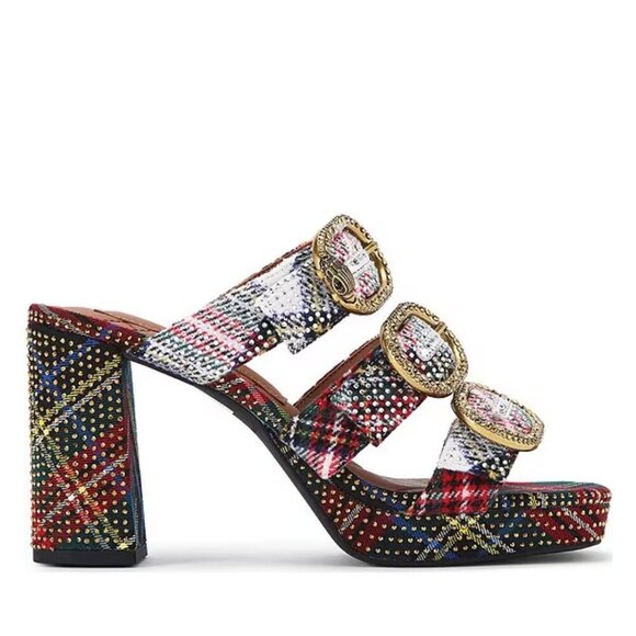 NWT Kurt Geiger London Mayfair Crystal Embellished Tartan Plaid Platform Sandal - Picture 1 of 5